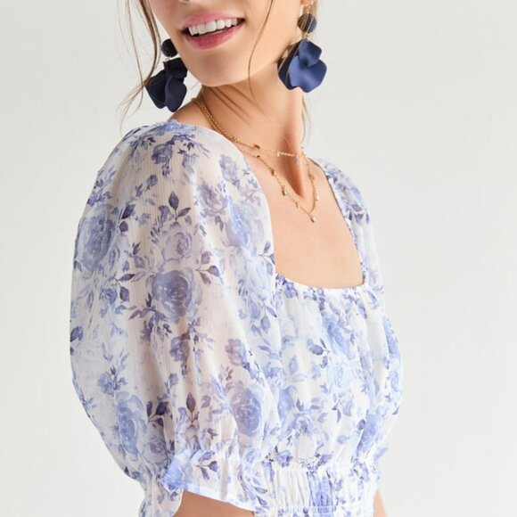 New Francesca's Wenona Blue & White Floral Chiffon Puff Sleeve Dress sz L - Picture 3 of 8